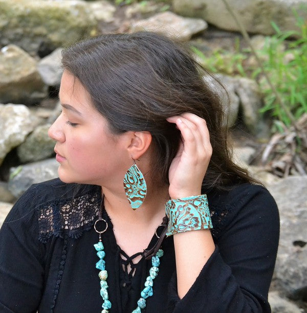 Narrow Leather Cuff in Turquoise Brown Floral w/ adjustable