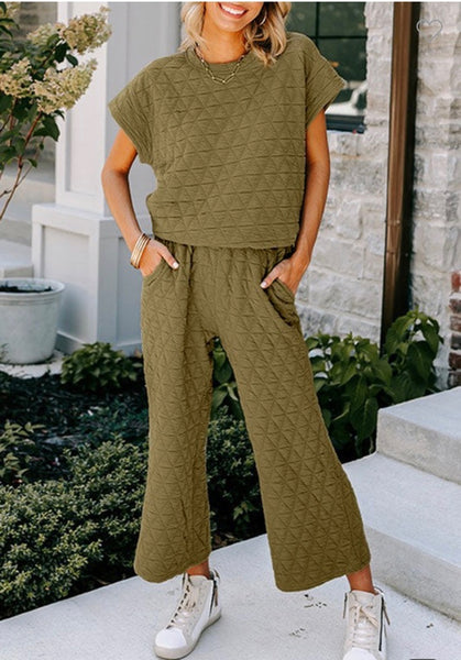 Green Quilted Short Sleeve Wide Leg Pant Set