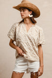 Floral Pattern Texture Short Balloon Sleeves Ruffl