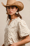 Floral Pattern Texture Short Balloon Sleeves Ruffl