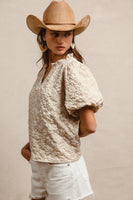Floral Pattern Texture Short Balloon Sleeves Ruffl