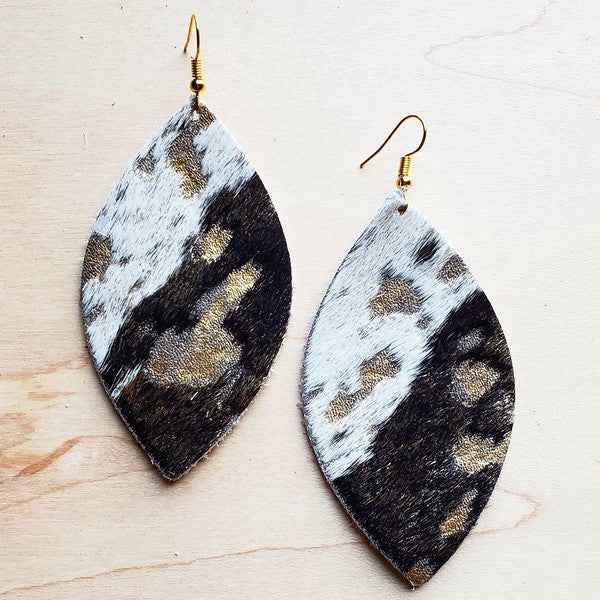 Leather Oval Earring-Mixed Metallic Hair on Hide