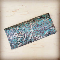 Embossed Leather Wallet-Turquoise Brown Paisley